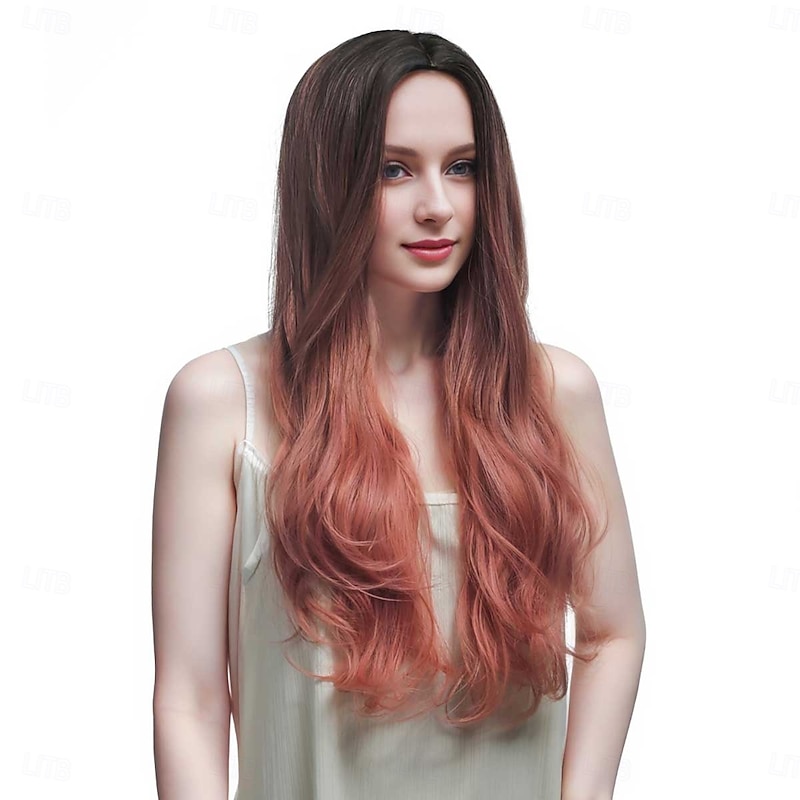 Synthetic Wig Wavy Deep Wave Asymmetrical Deep Parting Machine Made Wig 28 inch A1 Synthetic Hair Women's Middle Part Elastic Comfortable Pink4