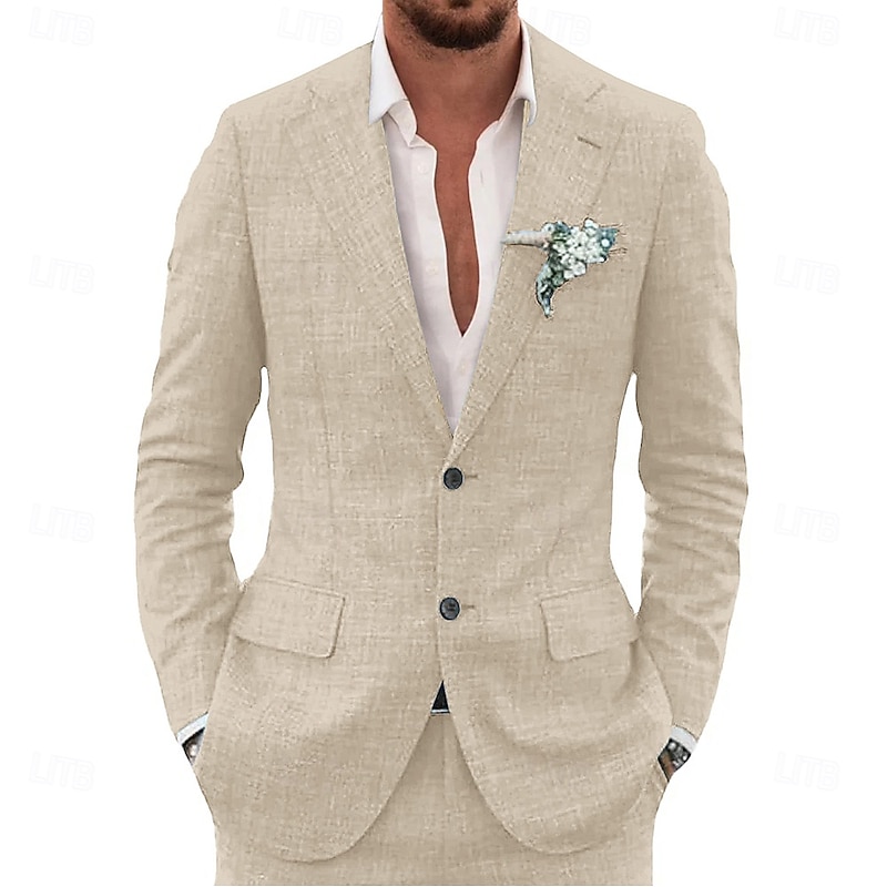 Men's Beach Wedding Linen Suits Notch Notch Lapel Sky Blue Beige Solid Colored Tailored Fit 2 Piece Single Breasted Two-buttons4