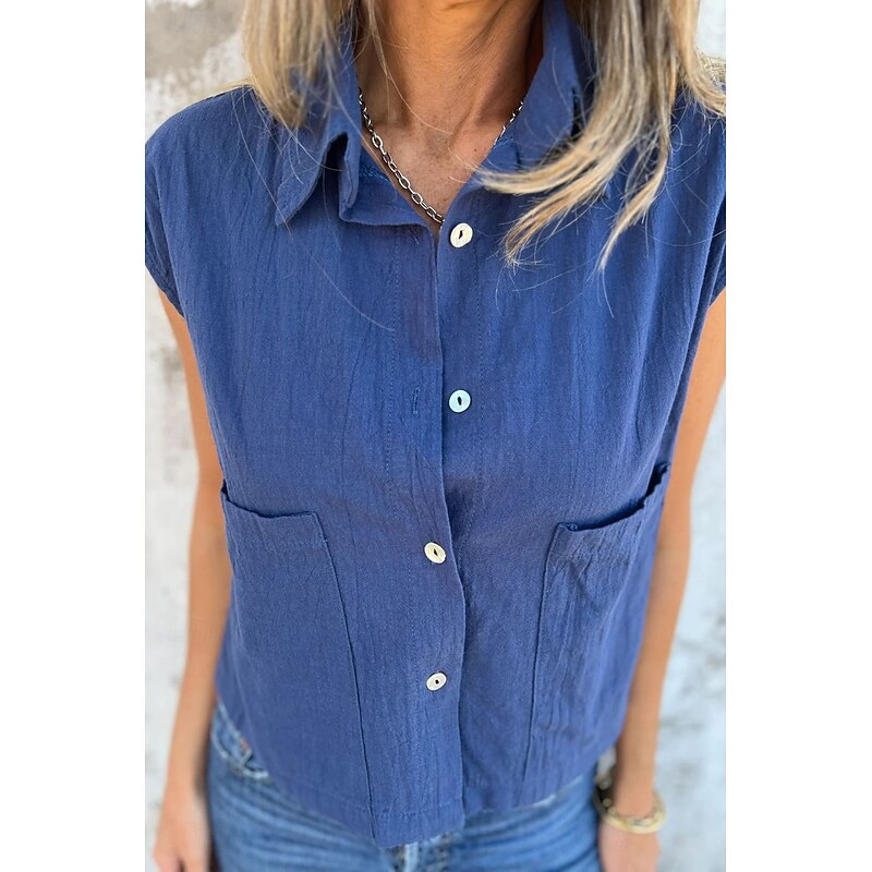 Women's Shirt Cotton Linen Shirts Linen Shirt Button Up Plain Stylish Modern Sleeveless Shirt Collar Regular Tops Daily Holiday Going out Buttons White Navy Blue Apricot Summer4