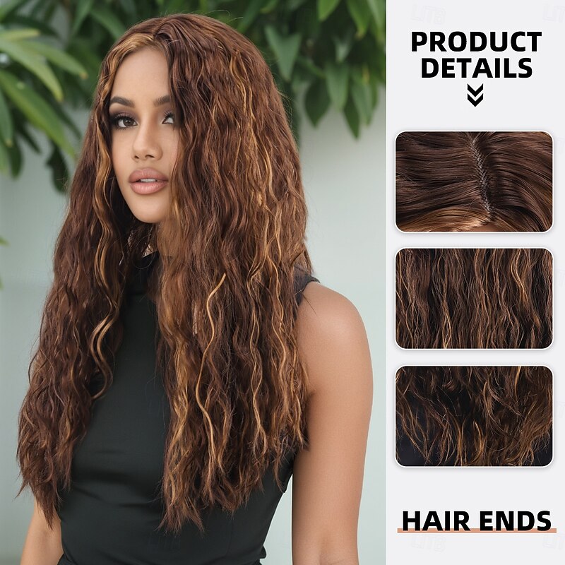 Synthetic Wig Loose Curl Deep Wave Layered Haircut Deep Parting Machine Made Wig 28 inch A1 Synthetic Hair Women's Elastic Classic Highlighted / Balayage Hair Dark Brown2