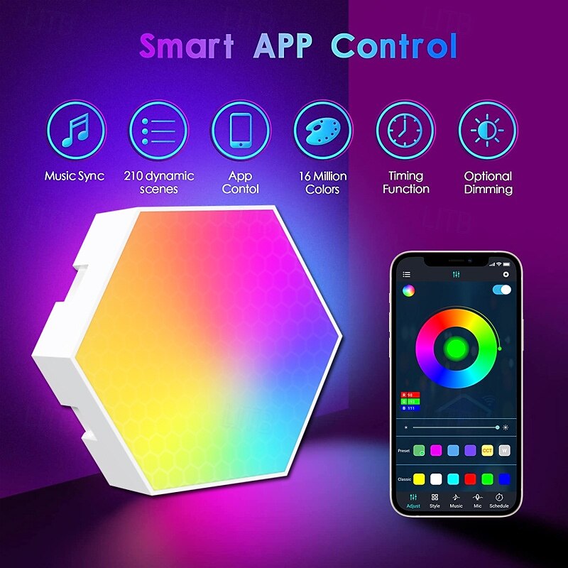 LED Hexagon Lights Smart App Control 3/6/8/10/13 Pack Wall Light Panels DIY Modular Geometry Assembly for Gaming Setup Living Room Bedroom Decor