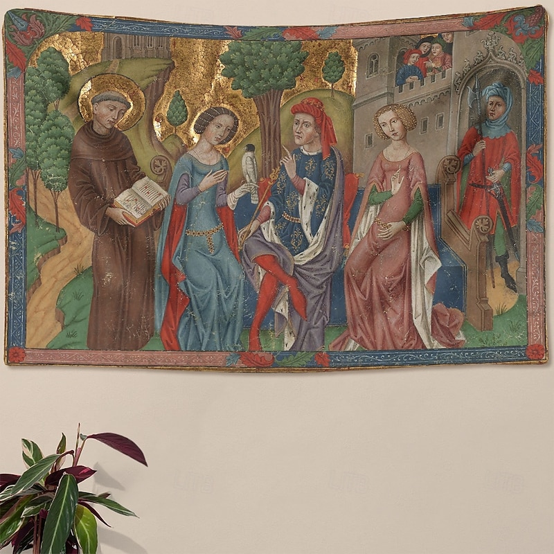 Medieval Tapestry Middle Age Tapestry Gothic Art Large Tapestry Mural Decor Backdrop Curtain Home Bedroom Living Room Decoration Seated Ruler with Two Women and A Saint2