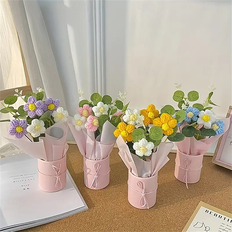 Handmade Woven Yarn Artificial Flower Bouquet - 1 Set Including Fabric Woven Flowers Plastic Bucket Wrapping Paper 5 Yarn Crochet Flowers - Suitable for Gifts Home Decoration
