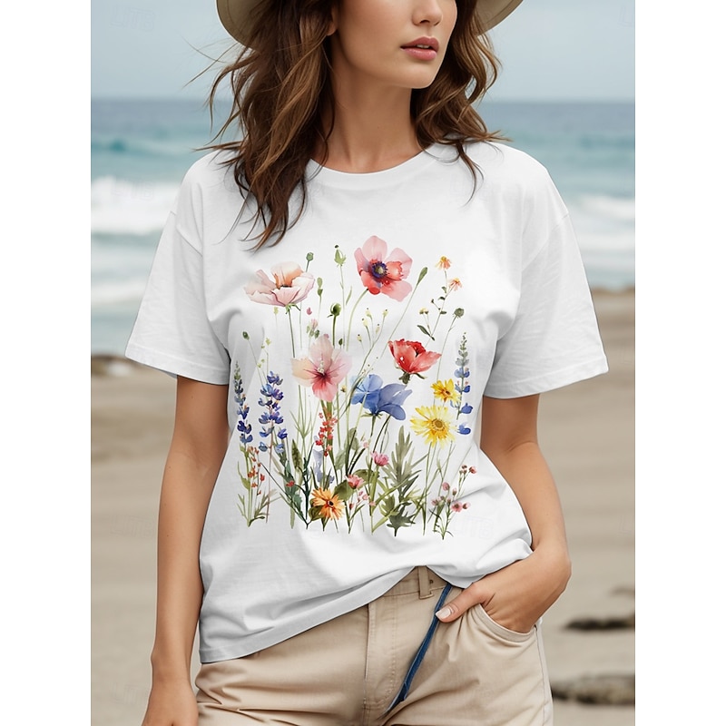 Women's T Shirt Cotton Shirt Floral Graphic Casual Short Sleeve Round Neck Regular Tops Daily Print White Summer4