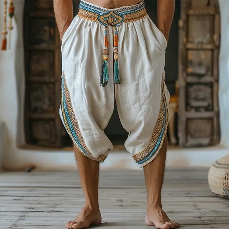 Men's Capri Pants Linen Shorts Summer Shorts Beach Shorts Pocket Elastic Waist Baggy Plain Comfort Breathable Calf-Length Outdoor Home Daily Fashion Retro Vintage White