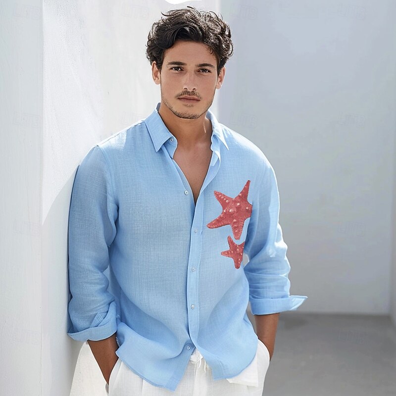 Men's Shirt Cotton Linen Shirt Starfish Outdoor Vacation White Sky Blue Long Sleeve Rolled collar Summer Spring Clothing Apparel Buttons