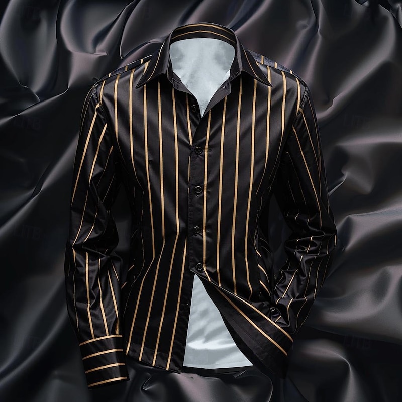 Men's Shirt Satin Shirt Casual Shirt Striped Shirt Button Up Shirt Striped Wedding Vacation Black Navy Blue Green Long Sleeve Collar Spring &  Fall Clothing Apparel - Main Image