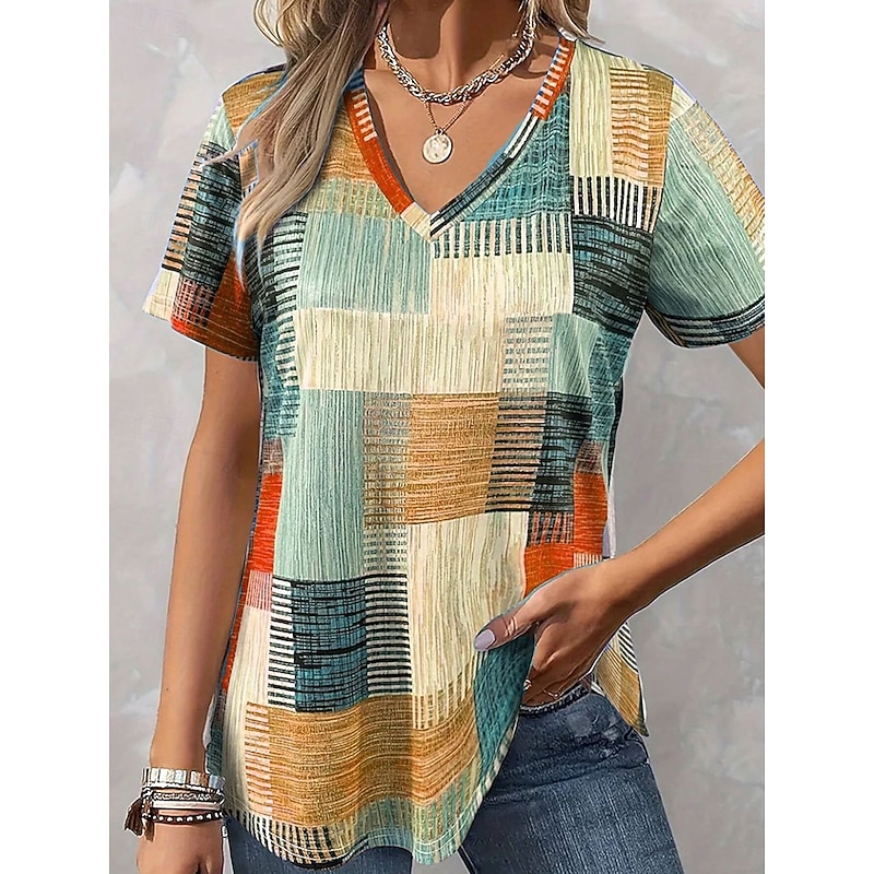 Women's Blouse Graphic Geometric Casual Short Sleeve V Neck Regular Tops Daily Print Blue Purple Orange Green Summer Spring