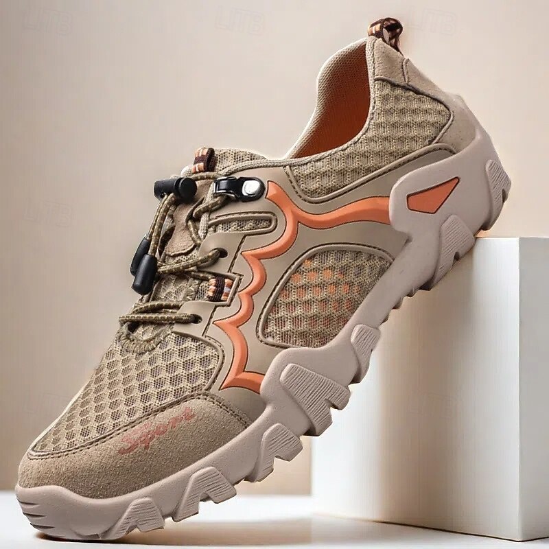 Men's Outdoor Adventure Shoes, Rugged Orange Mesh with Lace-Up Design, Durable Trail Footwear
