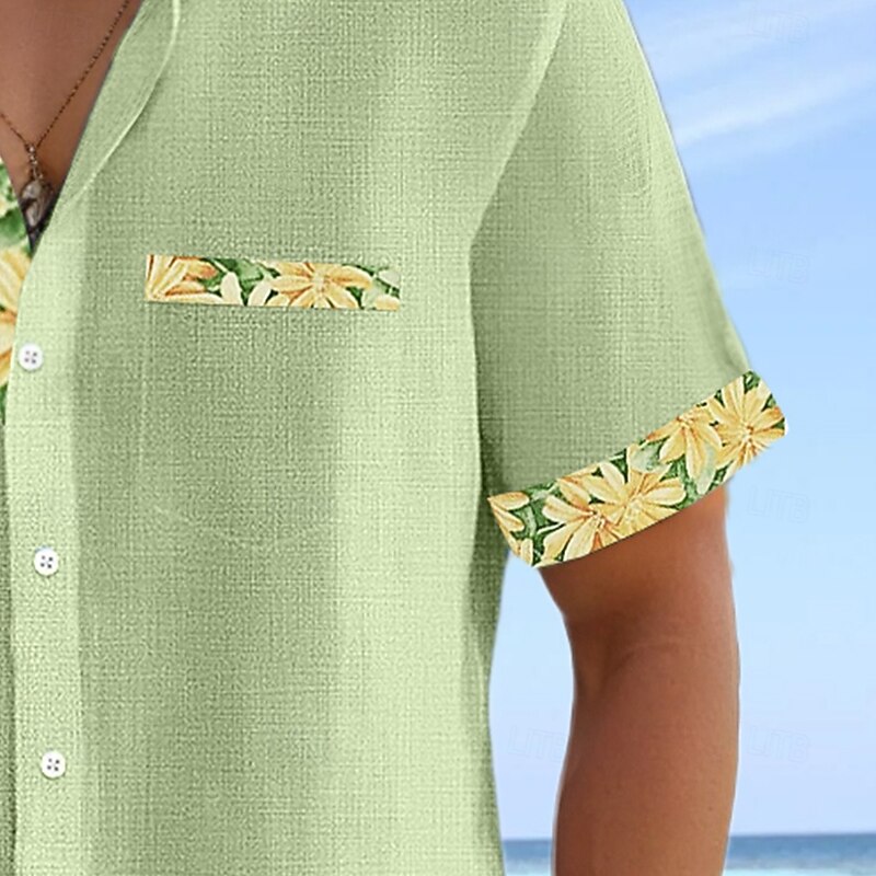 Men's Shirt Linen Shirt Summer Shirt Beach Shirt Untucked Shirts Plaid Vacation Holiday Light Green Pink Green Light Blue Short Sleeve Collar Summer Clothing Apparel2