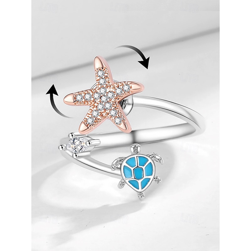 Adjustable Starfish & Sea Turtle Ring – Ocean-Themed Rotatable Crystal Ring, Silver & Rose Gold Beach Jewelry for Women & Girls, Stylish Summer Accessory for Vacations & Gifts4