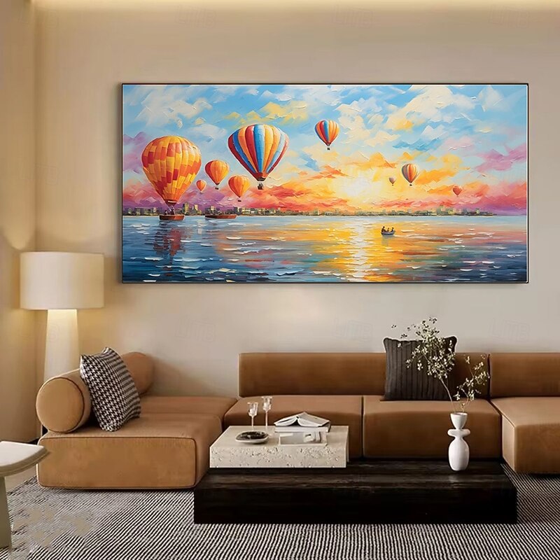 Handmade Oil Painting Canvas Wall Art Decoration Modern Casual Style Abstract Seaside Holiday Hot Air Balloon Scenery for Living Room Home Decor Rolled Frameless Unstretched Painting2