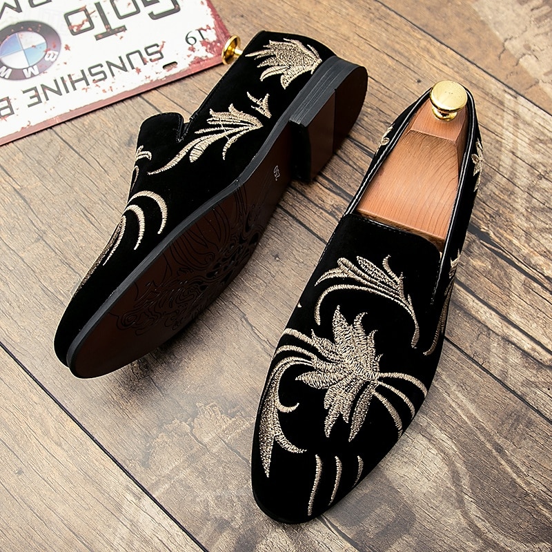 Men's Prom Shoes - Black Velvet Loafers with Golden Embroidered Wheat Motif for Formal Occasions2