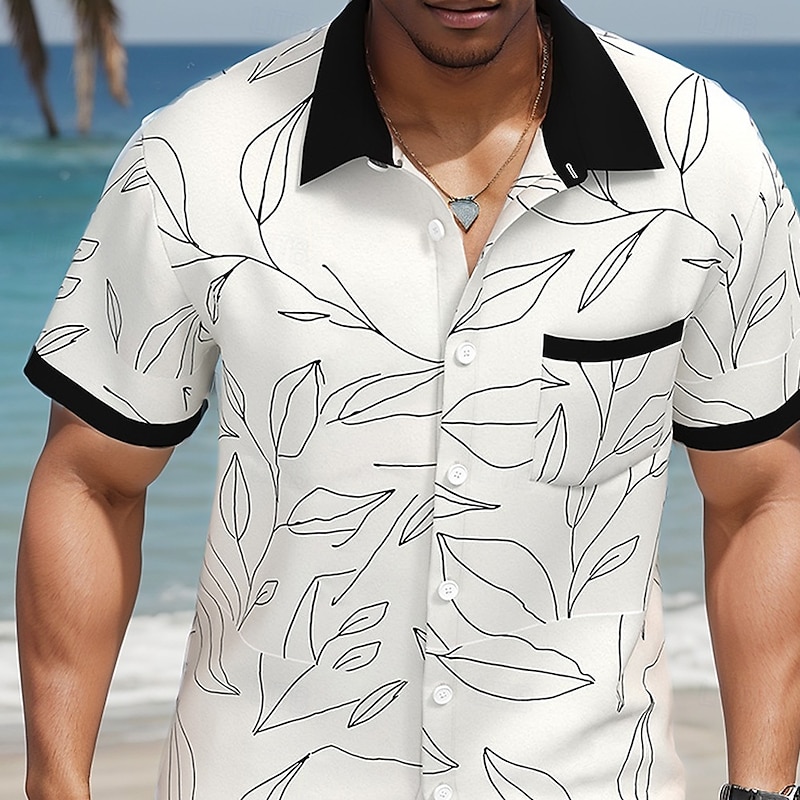 Men's Leaf Tropical Plants Shirt Summer Hawaiian Shirt Button Up Shirt Short Sleeve Hawaiian Resort Vacation Holiday Beach Wear Summer Spring Turndown Collared Shirts Front One Pocket White2
