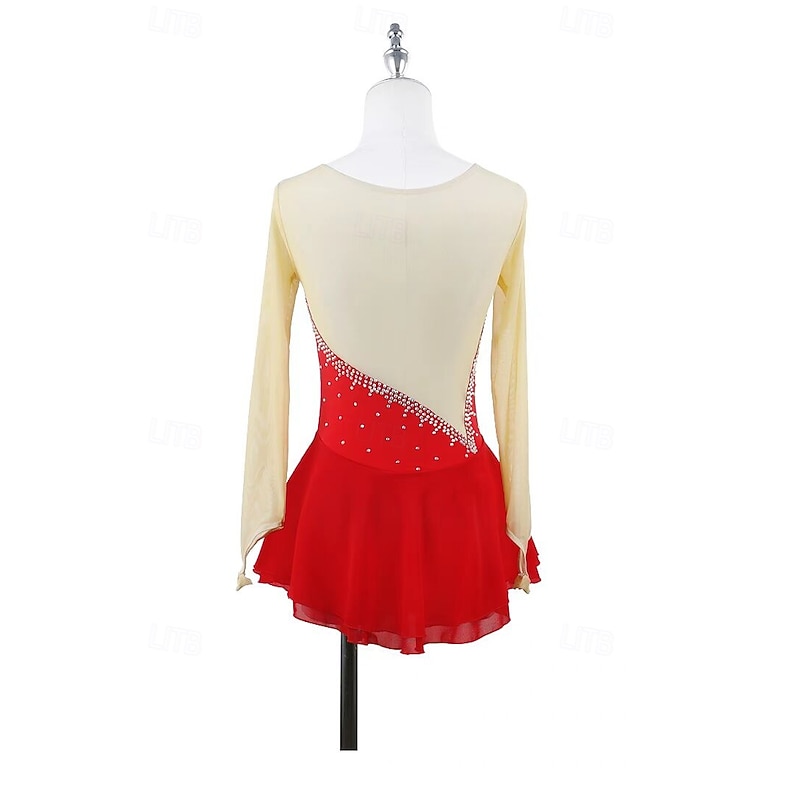 Figure Skating Dress Women's Girls' Ice Skating Dress Red Patchwork Open Back Mesh Spandex Stretchy Training Practice Professional Skating Wear Thermal Warm Crystal / Rhinestone Long Sleeve Ice2