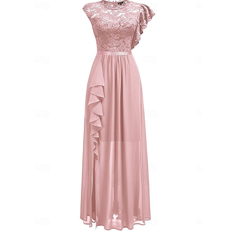 Mother of the Bride Dress Wedding Guest Elegant Casual Jewel Neck Floor Length Polyester Short Sleeve with Lace3