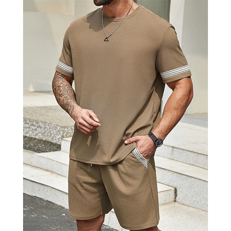 Men's Tracksuit Outfit Set Shorts Crew Neck Outdoor Daily Sports Pocket Drawstring 2 Piece Color Block Striped Black Purple Khaki Polyester Activewear Classic Casual Summer2