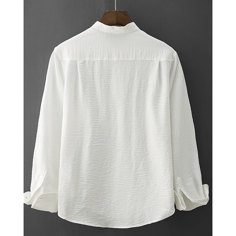 Men's Shirt Summer Shirt Casual Shirt Beach Shirt Button Up Shirt White Purple Long Sleeve Plain Grandad Collar Stand Collar Vacation Hawaiian Front Pocket Clothing Apparel Polyester Fashion Casual2