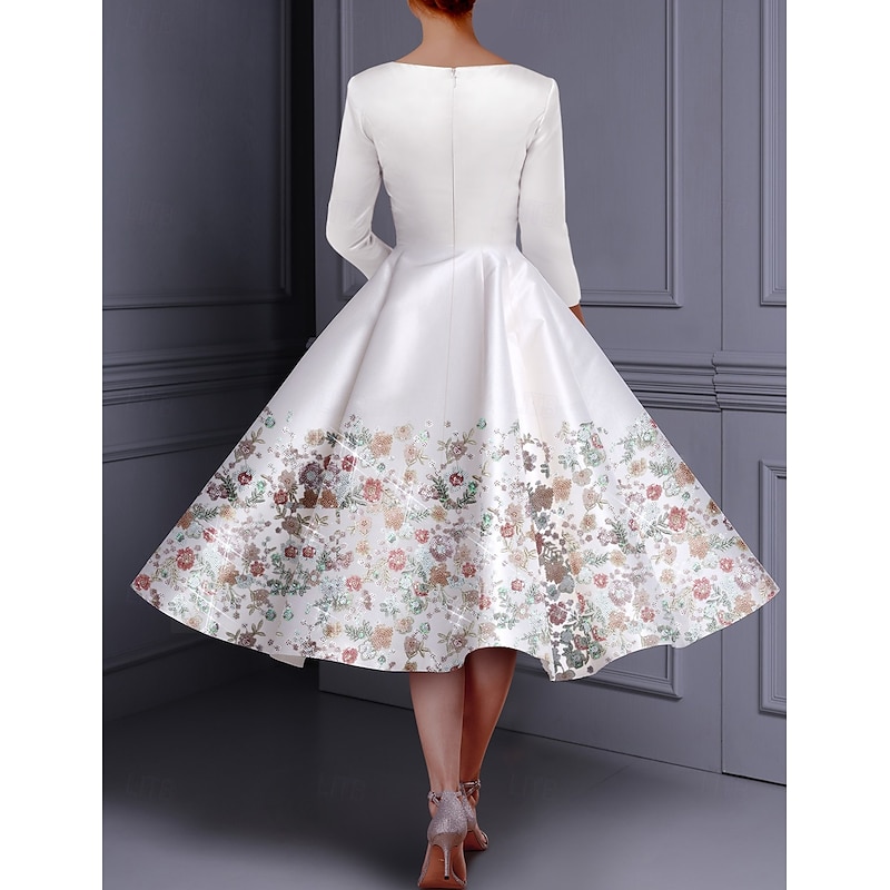 FloralA-Line Cocktail Dresses Elegant Dress Formal Valentine's Day Tea Length 3/4 Length Sleeve Jewel Neck Belt / Sash Satin with Glitter Slit Embroidery2