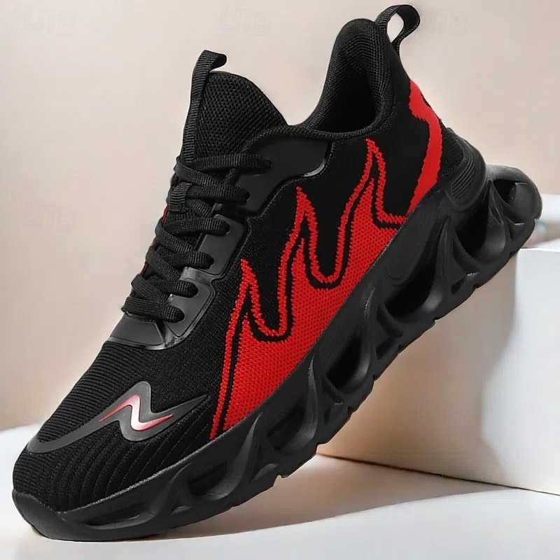 Men's Sporty Sneakers, Bold Flame Design in Black and Red, Athletic Shoes for Running and Gym