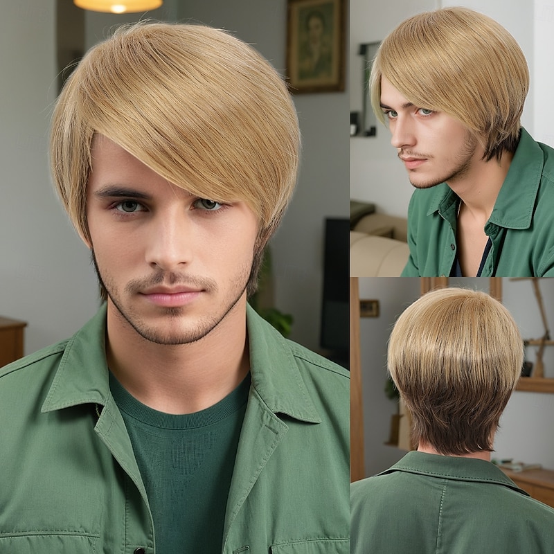 Synthetic Wig Wavy Curly Weave Asymmetrical Deep Parting Machine Made Wig 10 inch A1 Synthetic Hair Men's Classic Comfortable Color Gradient Multi-color