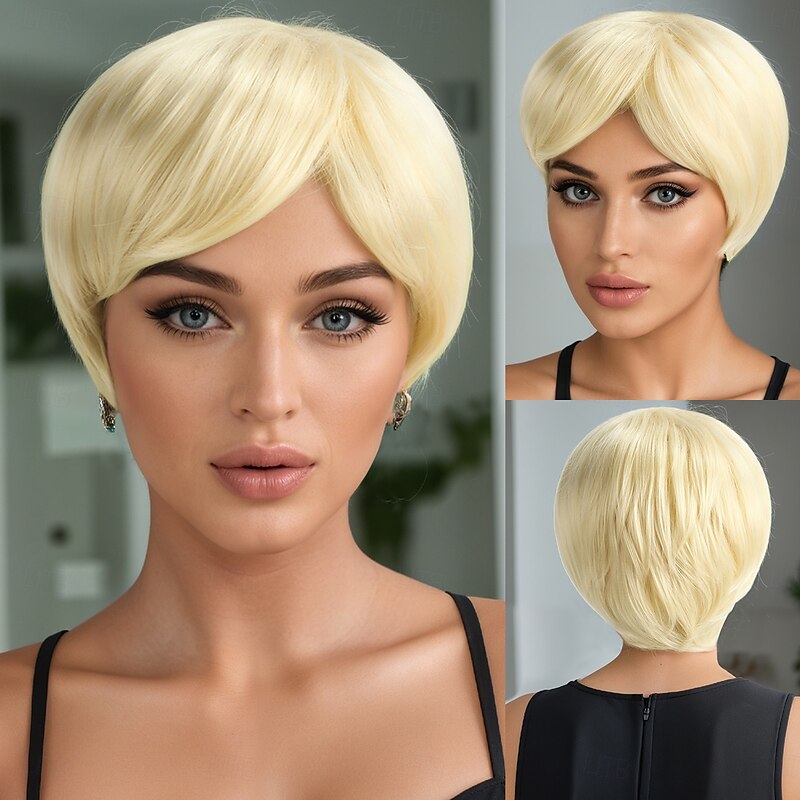 Synthetic Wig Straight Natural Straight Asymmetrical Neat Bang Machine Made Wig 10 inch A1 Synthetic Hair Women's Cool Classic Highlighted / Balayage Hair Blonde