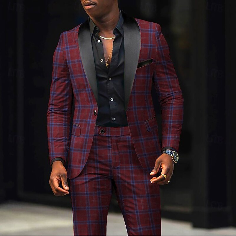 Men's Party Prom Party Suits Shawl Lapel Red Fashion Retro Vintage Plaid Standard Fit 2 Piece Single Breasted One-button2
