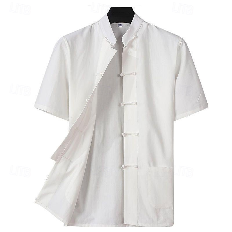 Men's Shirt Linen Shirt Casual Shirt Button Up Shirt Cotton Shirt Plain Vacation Street Black White Navy Blue Khaki Short Sleeve Grandad Collar Summer Clothing Apparel Button-Down