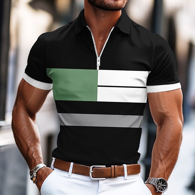 Men's Striped Rugby Polo Short Sleeve Polo Shirts Collared Shirts Business Casual Business Athleisure Wear to work Daily Wear 3D Print Summer Black Blue Gray3