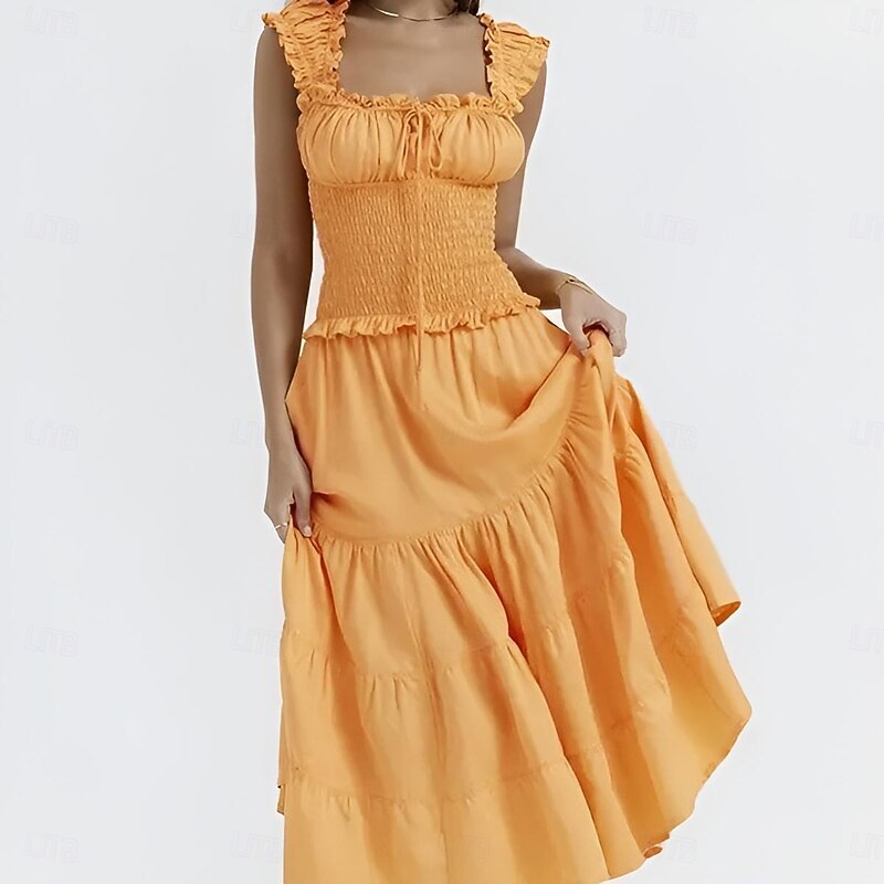 Retro Vintage Medieval Renaissance Midi Dress Flare Dress Puff Sleeve Regency Inspired Solid Color Fancy Dress Women's Wedding Vacation Casual Daily Adults' Dress Summer3