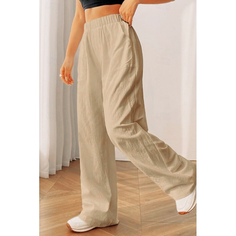Women's Cotton Linen Pants Slacks Streetwear Casual Full Length Natural Plain Pocket Elastic Waist Outdoor Comfortable Street Going out Black Khaki Summer Regular Fit3