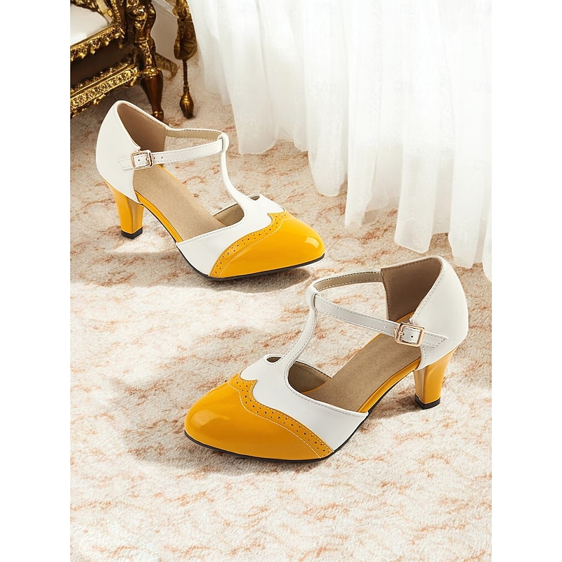 Women's 1950s Vintage T-Strap Mary Jane Heels – Two-Tone Brogue Low Heel Shoes for Retro Parties, Office Wear, and Special Occasions3