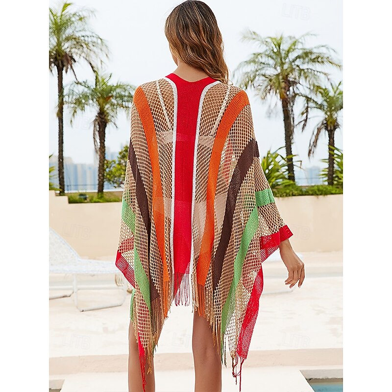 Women's Mesh Knit Beach Cover-up Scarf - Boho Striped Fringe Swimsuit Kimono, Lightweight and Breathable Summer Cardigan for Vacation, Poolside and Holiday Wear4