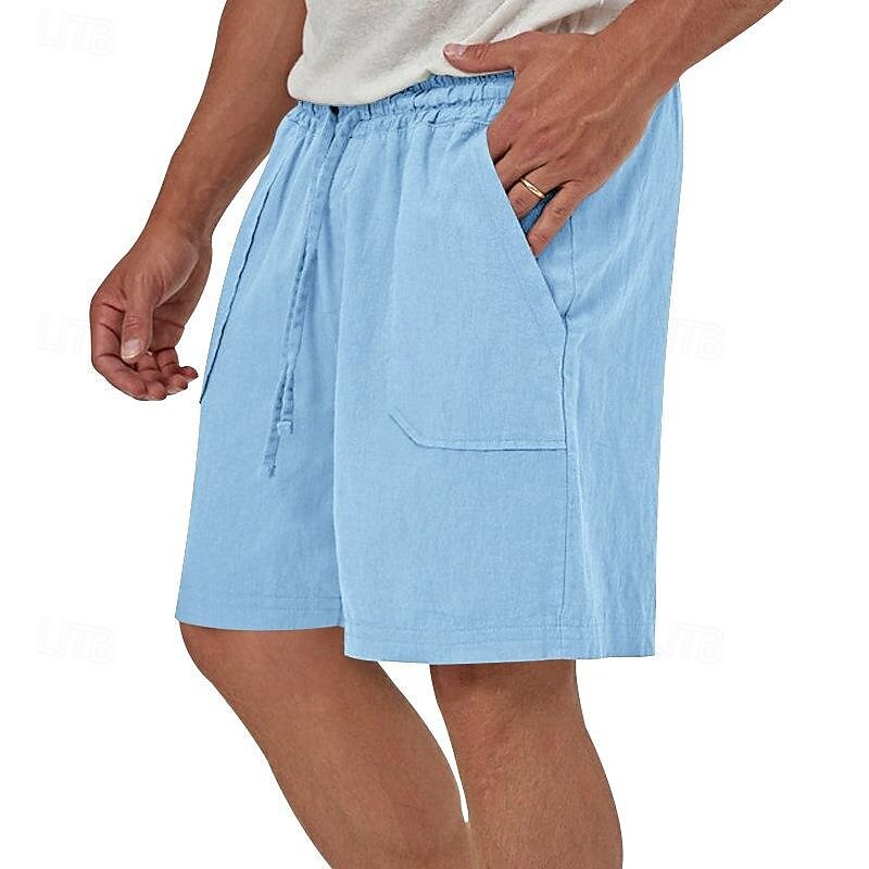 Men's Shorts Linen Shorts Summer Shorts Beach Shorts Drawstring Elastic Waist Front Pocket Plain Comfort Breathable Knee Length Outdoor Work Daily Fashion Classic Style ArmyGreen Black2