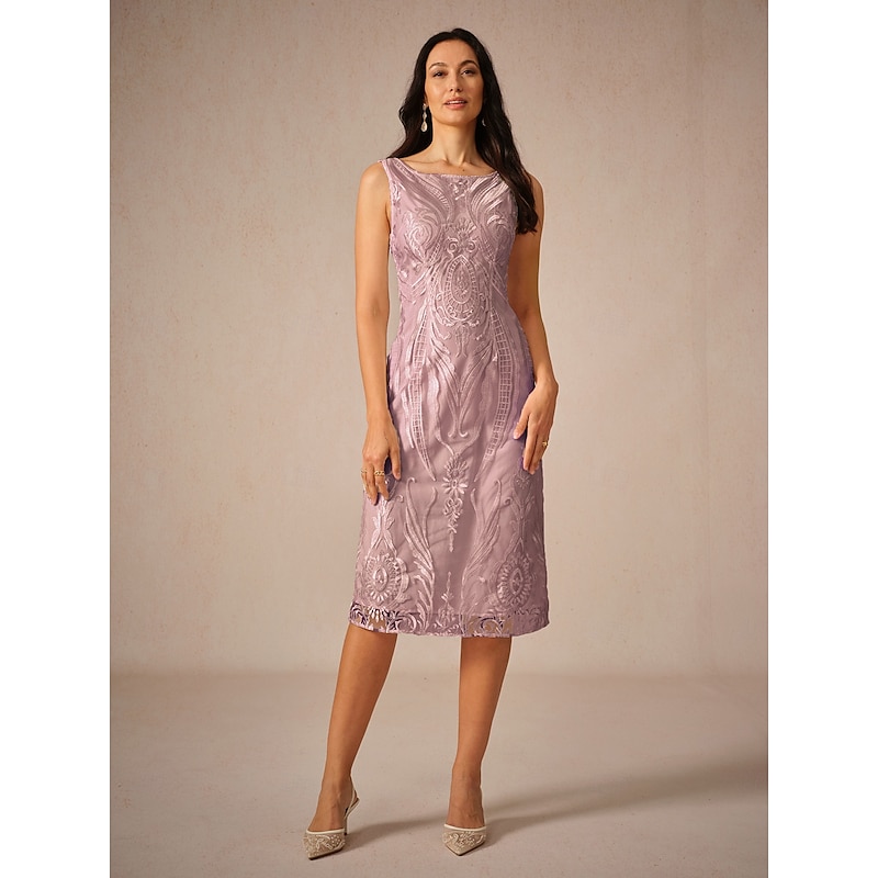 Women's Tea Length Lace Dress Party Dress Wedding Guest Dress Shift Dress Elegant Party Wedding Guest Cocktail Party Loose Fit Solid Color Sleeveless Off Shoulder Blush Pink Summer