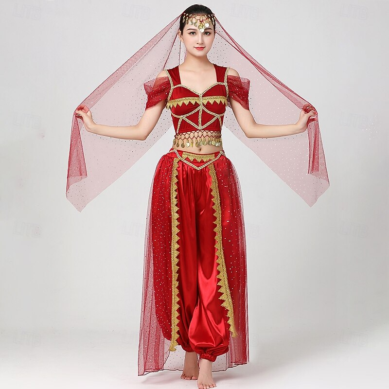 Belly Dance Top Gold Coin Pure Color Splicing Women's Performance Training Short Sleeve High Polyester4