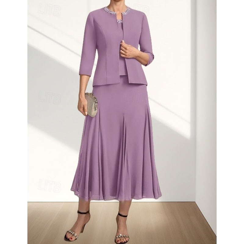 Two Piece A-Line Mother of the Bride Dress Wedding Guest Elegant Crew Neck Tea Length Chiffon 3/4 Length Sleeve with Beading Midi Dress