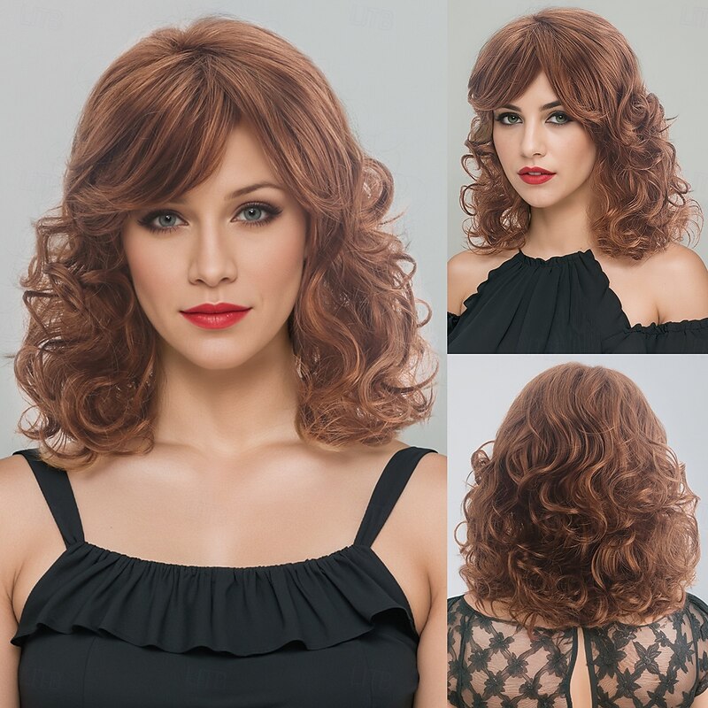 Synthetic Wig Bouncy Curl Deep Wave Side Part Asymmetrical Machine Made Wig 14 inch A1 Synthetic Hair Women's Classic Comfortable Color Gradient Brown