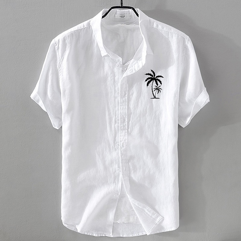 Men's Linen Shirt Minimalist Aloha Shirt Casual Shirt Cotton Linen Shirt Button Up Shirt Coconut Tree Vacation Street Black White Pink Dark Navy Short Sleeve Lapel Summer Clothing Apparel Button-Down