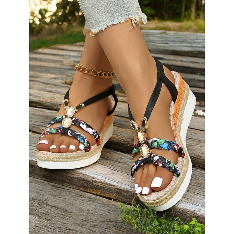 Women's Boho Platform Wedge Sandals – Braided Strappy Summer Sandals with Gemstone Accents for Casual, Beach, and Vacation Wear2