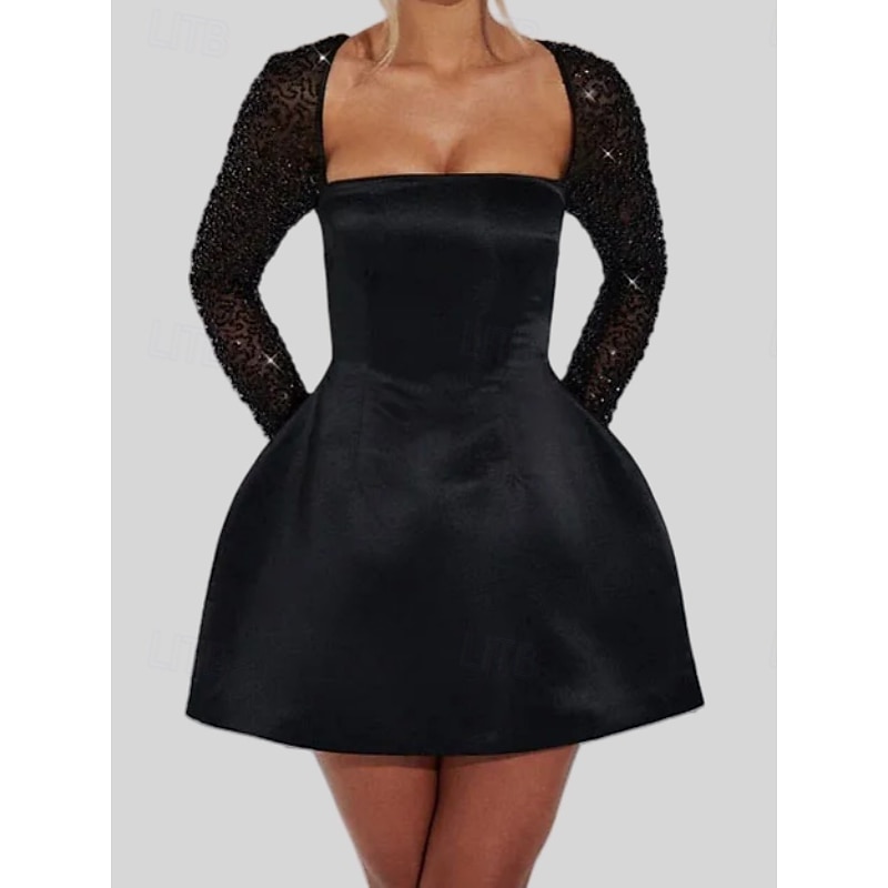 Engagement Little White Dress Bridal Shower Dresses Wedding Dresses A-Line Square Neck Long Sleeve Short / Mini Satin Bridal Gowns With Pearls Pattern3