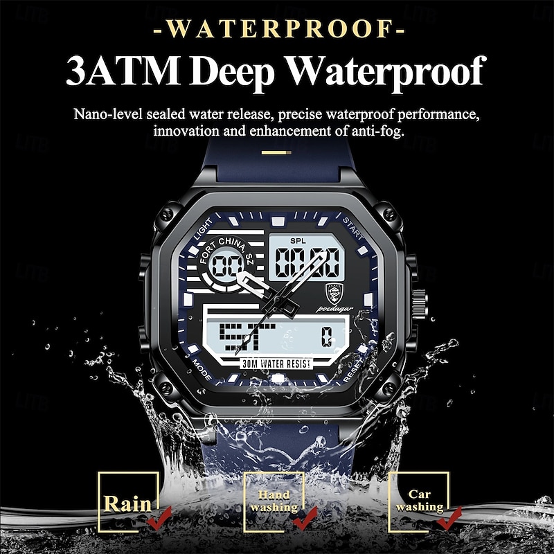 POEDAGAR Square Sports Men Watch Waterproof LED Luminous Week Date Man Wristwatch Silicone Strap Electronic Quartz Men's Watches