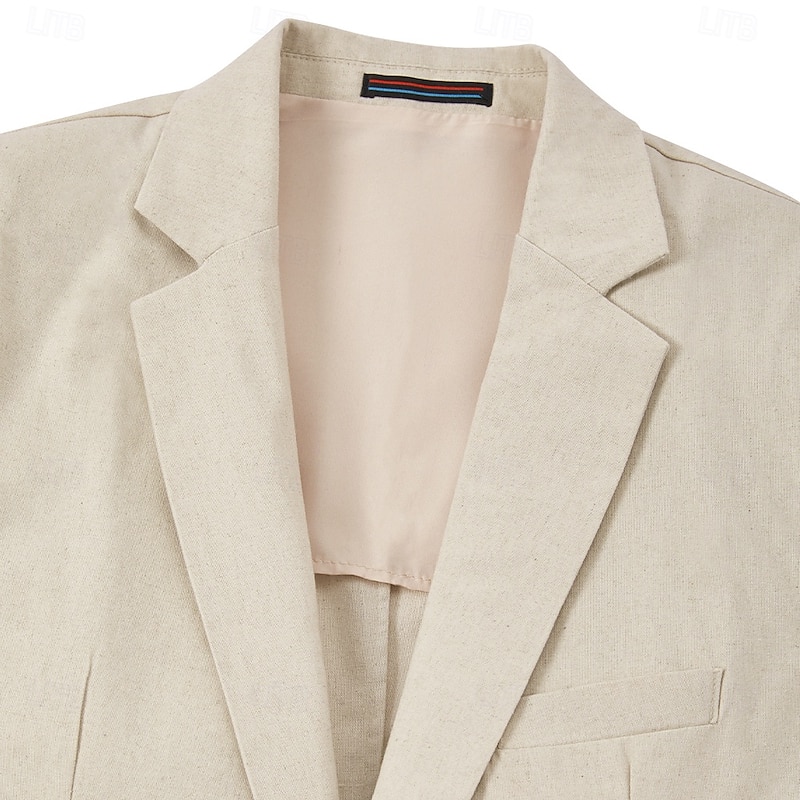 Men's Casual Linen Suits Beige Half Lined Lightweight Summer Solid Colored Standard Fit 2 Piece Single Breasted One-button4