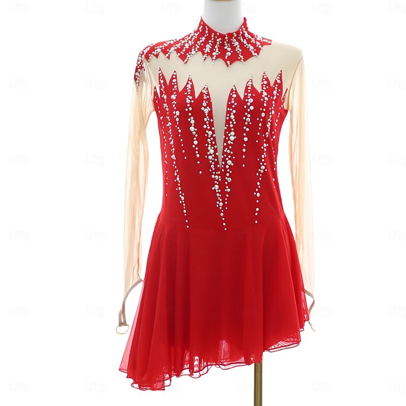 Figure Skating Dress Women's Girls' Ice Skating Dress Black Red Thumbhole Asymmetric Hem Mesh Spandex Stretchy Training Practice Professional Skating Wear Thermal Warm Classic Crystal / Rhinestone2