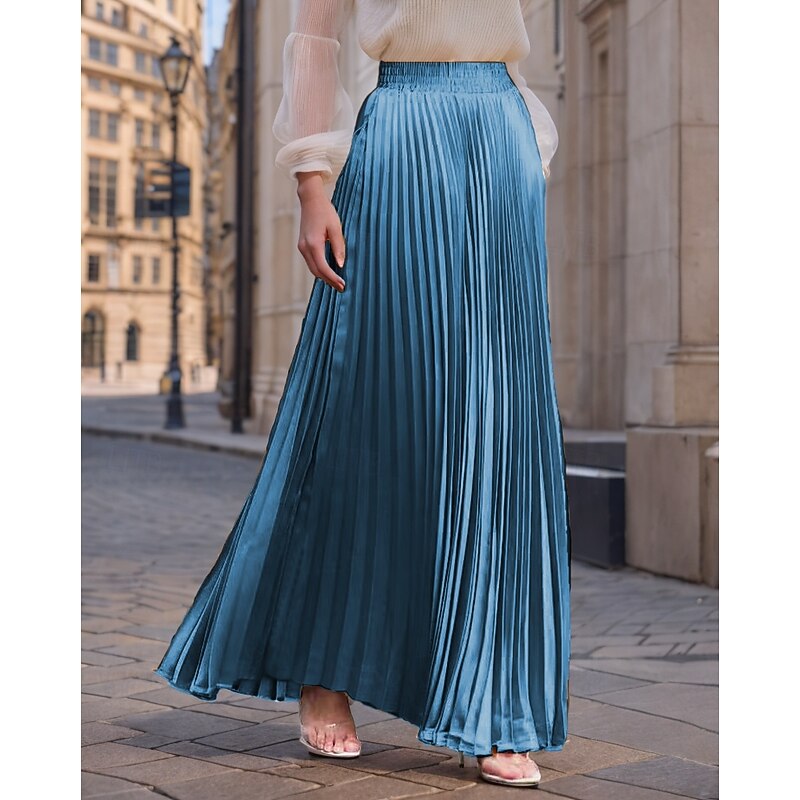 Women's Skirt Long Skirt Fashion Long Maxi High Waist Skirts Solid Colored Ruched Pleated Shimmery Micro-elastic Daily Holiday Silver Peacock Blue Navy Black Spring, Fall, Winter, Summer Polyester2
