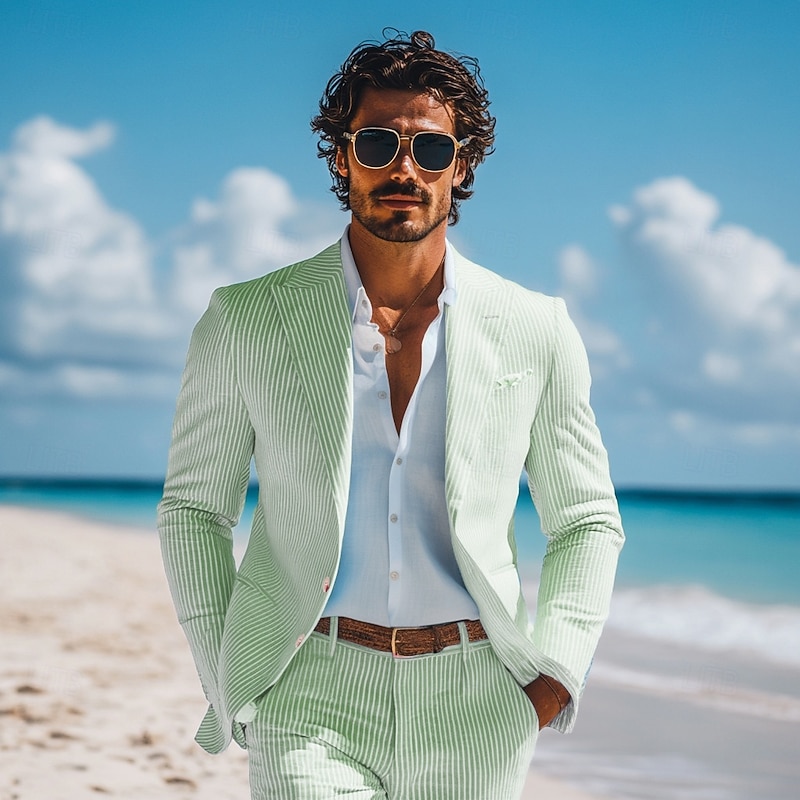 Men's Casual Beach Wedding Suits Sky Blue Sage Lightweight Solid Colored Standard Fit 2 Piece Single Breasted Two-buttons3