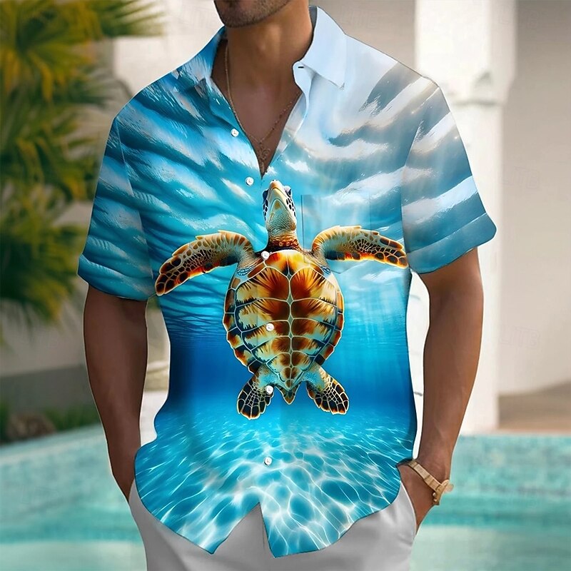 Men's Turtles Sea Creatures Shirt Summer Hawaiian Shirt Button Up Shirt Short Sleeve Hawaiian Vacation Holiday Beach Wear Summer Spring Turndown 3D Print Collared Shirts Blue