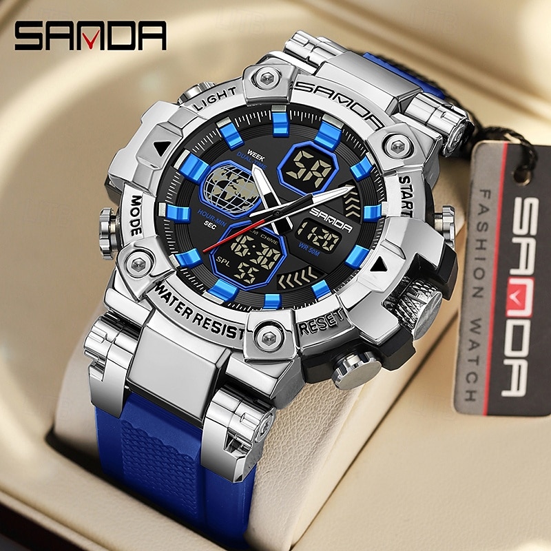 SANDA Men Digital Watch Large Dial Outdoor Sports Fashion Luminous Alarm Clock Calendar Chronograph Silicone Watch