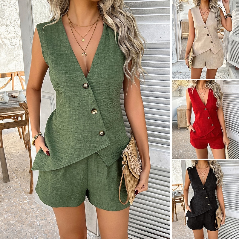 Women's Active Basic Linen-Inspired Sets Two Piece Sets Vest Sleeveless V Neck Solid Color Casual Daily Black Red Green Summer Regular Fit