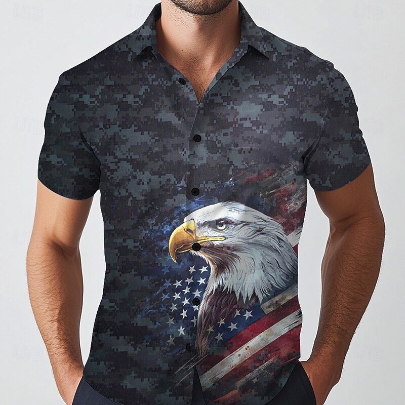 Men's Camouflage American US Flag Eagle Shirt Casual Shirt Button Up Shirt Short Sleeve Army Militray Outdoor Vacation Streetwear Summer Spring Turndown 3D Print Collared Shirts Army Green Dark Blue